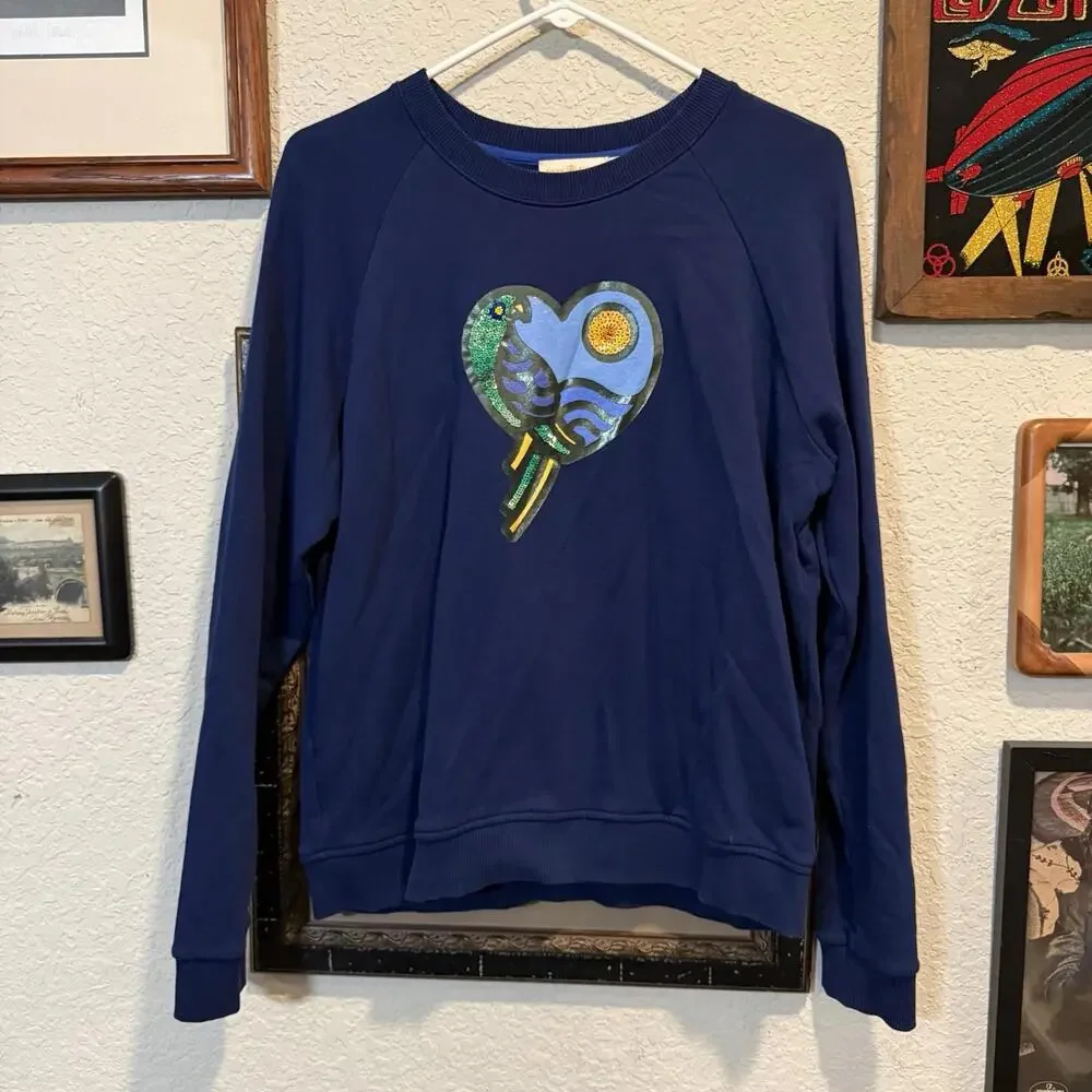 Tory Burch Blue Designer Noah‎ Women’s Crewneck Peacock Sweatshirt Size Large